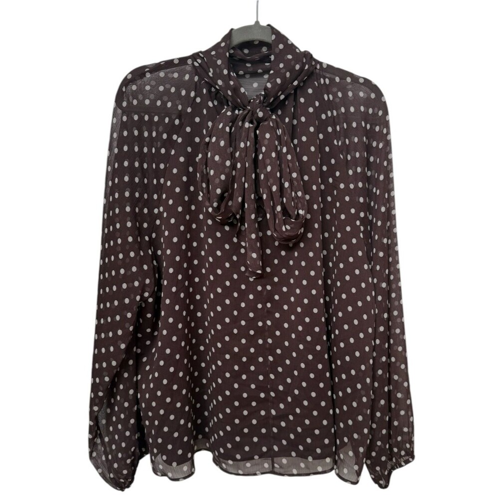 ZARA Long Sleeve Brown Polka Dot Bow Neck Flowy Blouse Lined Top. XL. NEW. - Picture 4 of 10